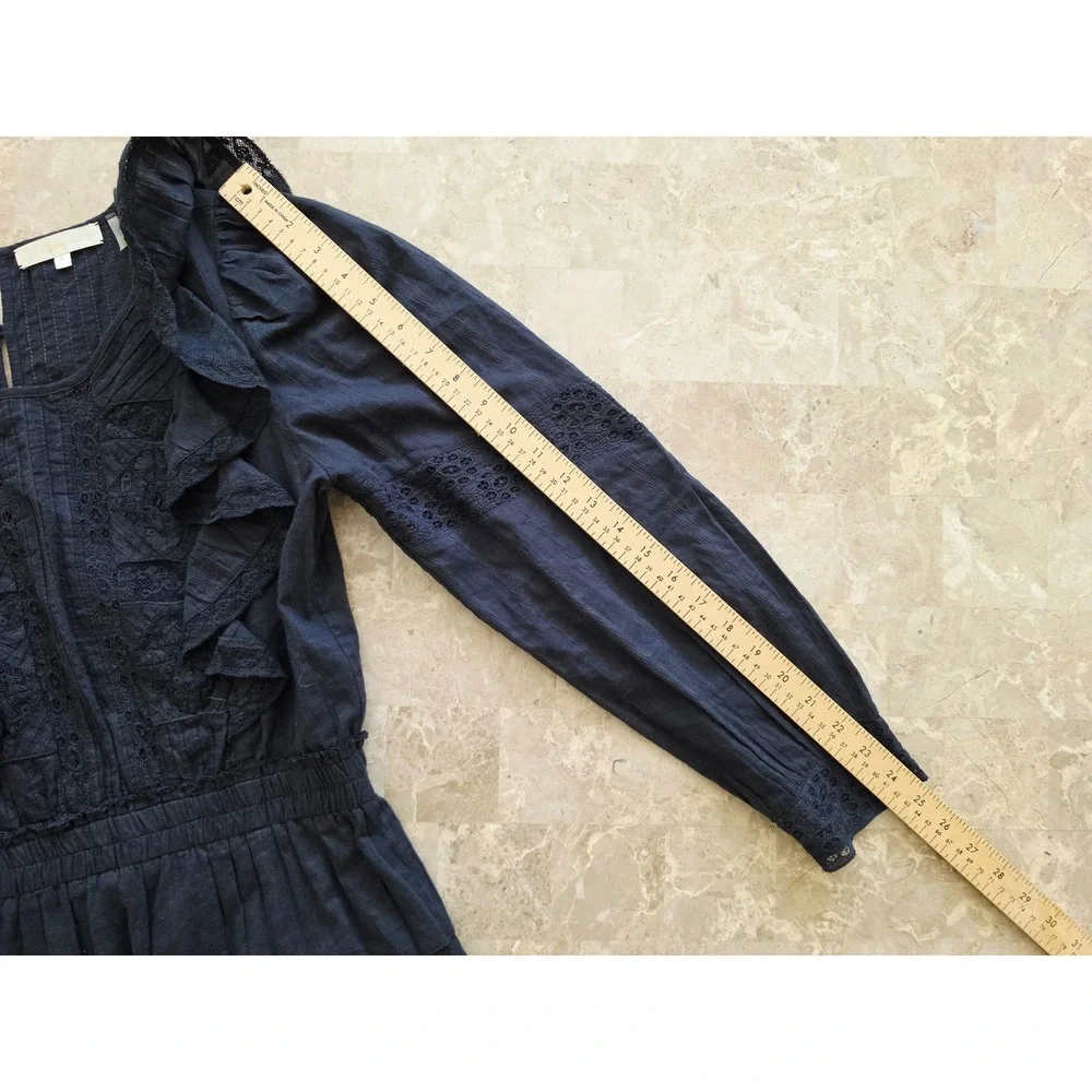 LoveShackFancy Black Lace Ruffle Mini Dress Long Sleeve Tiered Boho Womens Sz M - Picture 7 of 14